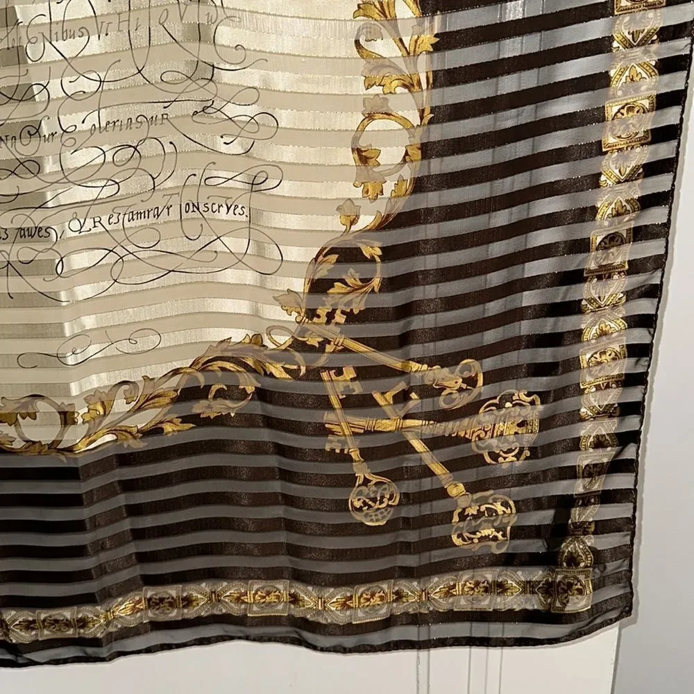 Vtg very large Liz‎ Claiborne brown, gold & cream polyester scarf/ key print